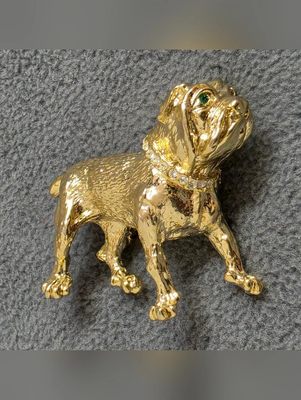 Gold Tone English Bulldog Brooch Green Rhinestone Eye Crystal Collar New